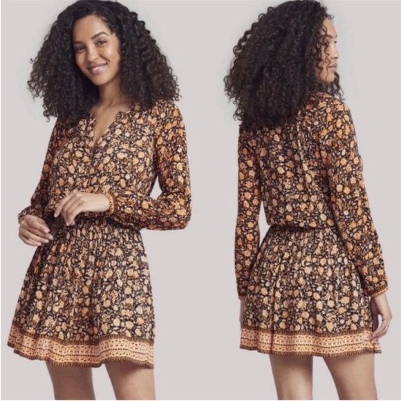 Faherty Montara Wonderlust Floral Long Sleeve Summer Dress in Dark Navy/Orange - Picture 2 of 10